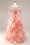 Sunset A Line Ruffle Printed Cut Out Long Prom Dress with Bow