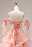 Sunset A Line Ruffle Printed Cut Out Long Prom Dress with Bow