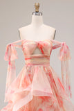 Sunset A Line Ruffle Printed Cut Out Long Prom Dress with Bow