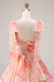 Sunset A Line Ruffle Printed Cut Out Long Prom Dress with Bow