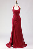 Dark Red Mermaid Halter Beaded Ruched Lace Up Back Long Prom Dress with Slit