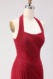 Dark Red Mermaid Halter Beaded Ruched Lace Up Back Long Prom Dress with Slit