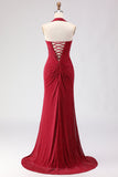 Dark Red Mermaid Halter Beaded Ruched Lace Up Back Long Prom Dress with Slit