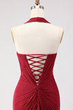 Dark Red Mermaid Halter Beaded Ruched Lace Up Back Long Prom Dress with Slit