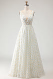 White Yellow Flowers A-Line V-Neck Appliqued Long Prom Dress
