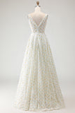 White Yellow Flowers A-Line V-Neck Appliqued Long Prom Dress