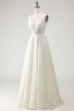 White Yellow Flowers A-Line V-Neck Appliqued Long Prom Dress