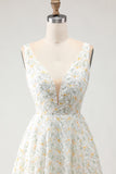 White Yellow Flowers A-Line V-Neck Appliqued Long Prom Dress