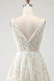 White Yellow Flowers A-Line V-Neck Appliqued Long Prom Dress