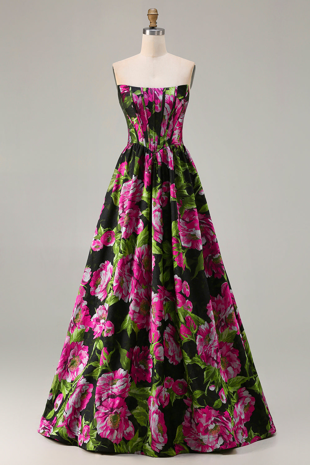 WEDTREND Women Black Long Prom Dress A-Line Strapless Corset Print Fuchsia Floral Wedding Party Dress WEDTREND Women Black Long Prom Dress A-Line Strapless Corset Print Fuchsia Floral Wedding Party Dress