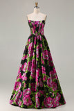 Black Strapless A-Line Corset Print Fuchsia Floral Long Prom Dress