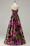Black Strapless A-Line Corset Print Fuchsia Floral Long Prom Dress