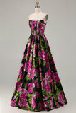 Black Strapless A-Line Corset Print Fuchsia Floral Long Prom Dress