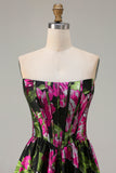 Black Strapless A-Line Corset Print Fuchsia Floral Long Prom Dress