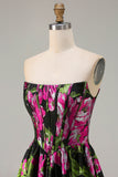 Black Strapless A-Line Corset Print Fuchsia Floral Long Prom Dress