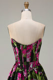 Black Strapless A-Line Corset Print Fuchsia Floral Long Prom Dress