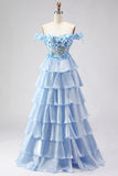 Light Blue A Line Off The Shoulder Corset Tiered Long Prom Dress with Lace Up Back