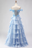 Light Blue A Line Off The Shoulder Corset Tiered Long Prom Dress with Lace Up Back
