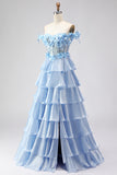 Light Blue A Line Off The Shoulder Corset Tiered Long Prom Dress with Lace Up Back