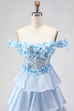 Light Blue A Line Off The Shoulder Corset Tiered Long Prom Dress with Lace Up Back