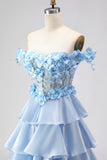 Light Blue A Line Off The Shoulder Corset Tiered Long Prom Dress with Lace Up Back