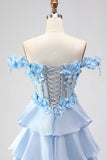 Light Blue A Line Off The Shoulder Corset Tiered Long Prom Dress with Lace Up Back