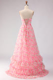 Strapless Floral Pink A Line Cut Out Bowed Prom Dress with Slit
