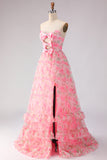 Strapless Floral Pink A Line Cut Out Bowed Prom Dress with Slit