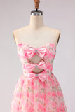 Strapless Floral Pink A Line Cut Out Bowed Prom Dress with Slit