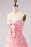 Strapless Floral Pink A Line Cut Out Bowed Prom Dress with Slit