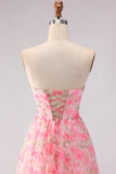 Strapless Floral Pink A Line Cut Out Bowed Prom Dress with Slit