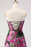 Black Floral Strapless A Line Corset Jacquard Long Prom Dress with Slit