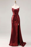 Metallic Burgundy Strapless Mermaid Ruched Long Prom Dress with Slit