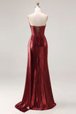 Metallic Burgundy Strapless Mermaid Ruched Long Prom Dress with Slit