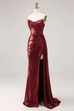 Metallic Burgundy Strapless Mermaid Ruched Long Prom Dress with Slit