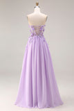 Lilac Strapless Corset A Line Long Prom Dress with 3D Flowers