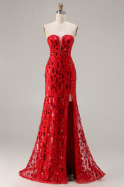 Sparkly Red Mermaid Strapless Sequins Long Prom Dress with Slit