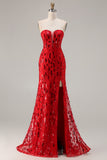Sparkly Red Mermaid Strapless Sequins Long Prom Dress with Slit