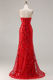Sparkly Red Mermaid Strapless Sequins Long Prom Dress with Slit