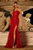Sparkly Red Strapless Mermaid Sequins Long Prom Dress with Slit