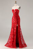 Sparkly Red Mermaid Strapless Sequins Long Prom Dress with Slit