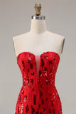Sparkly Red Mermaid Strapless Sequins Long Prom Dress with Slit