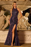 Glitter Grape Halter Beaded Mermaid Sequins Applique Long Prom Dress with Slit