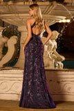 Glitter Grape Halter Beaded Mermaid Sequins Applique Long Prom Dress with Slit