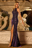 Glitter Grape Halter Beaded Mermaid Sequins Applique Long Prom Dress with Slit