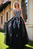 Black  A Line Embroidered Sequin Long Prom Dress with Slit