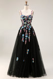 Sparkly A Line Black Sequin Embroidered Long Prom Dress with Slit