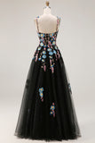 Black  A Line Embroidered Sequin Long Prom Dress with Slit