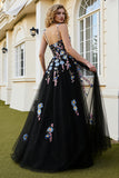 Black  A Line Embroidered Sequin Long Prom Dress with Slit