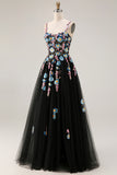 Sparkly A Line Black Sequin Embroidered Long Prom Dress with Slit